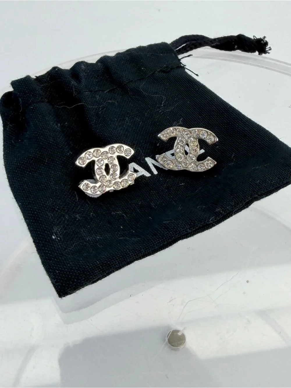 Chanel Silver Rhinestone Stud Earrings Silvery Metal